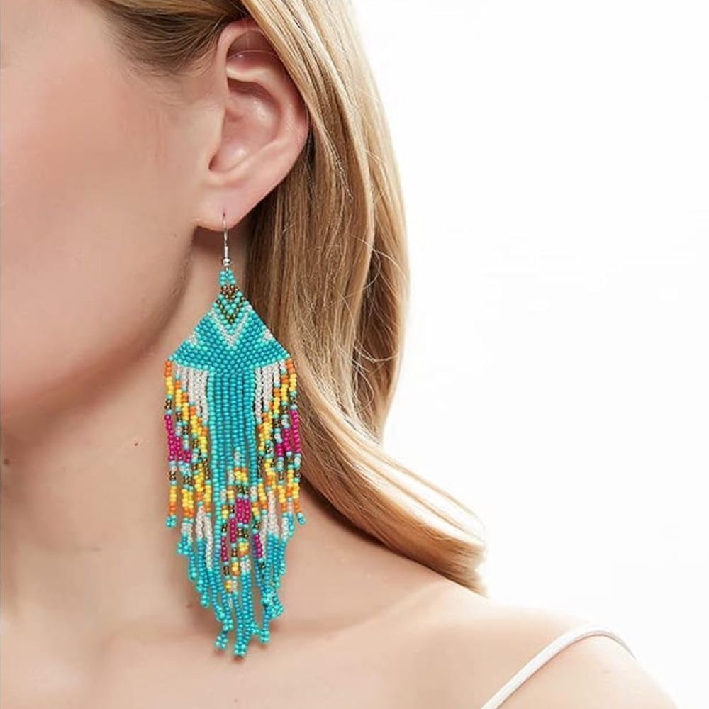 Southwestern Boho Seed Bead Tassel Dangling Statement French Wire Hook Earrings - Picture 4 of 7